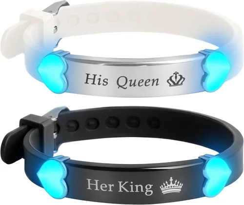Vista 11 de 2 unids/set Herat Matching Pareja Pulseras Grow in the Dark English Letter Acero inoxidable Silicona Pulsera Novio Novia Esposa Regalo del Día