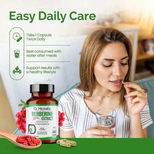Vista 7 de Dr. HERBALIST Berberina Cápsulas 500 mg, Berberis Aristata Extracto de agracejo indio con alcaloide de berberina, para azúcar en la sangre ya