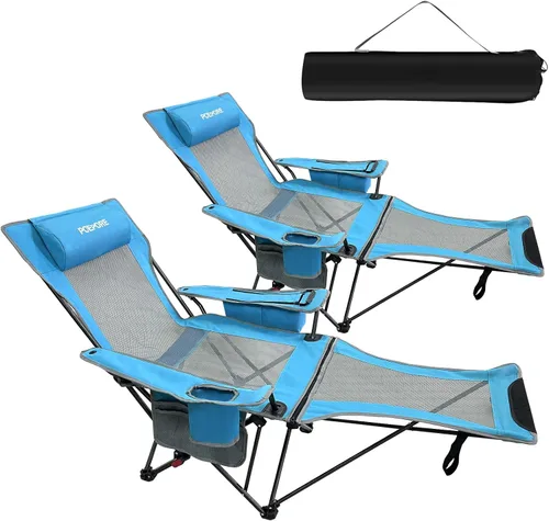 Vista 9 de Paquete de 2 sillas reclinables de camping de 4 posiciones con reposapiés, cómoda para adultos, silla de playa plegable de malla de 265 libras