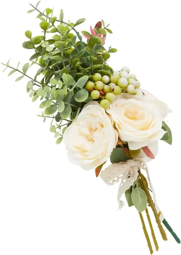 Vista 6 de Ramo de novia de rosas de seda champán, eucalipto y bayas, centro de mesa de boda (15.7 x 7 pulgadas)