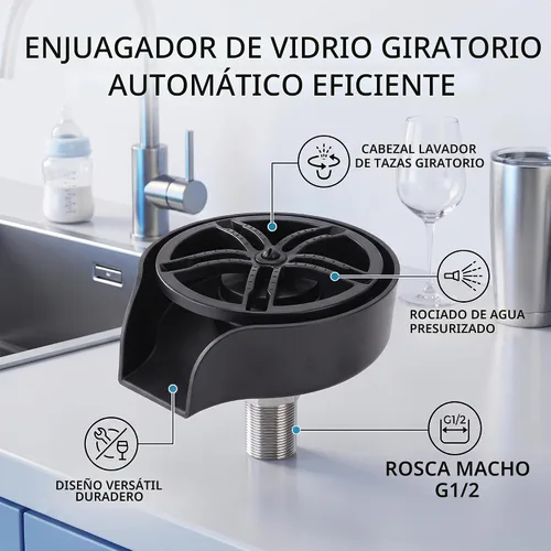 Vista 8 de POCREATION Lavadora automática de vidrio, accesorio de fregadero de boquilla giratoria de 360 grados, lavadora de botellas de acero inoxidable
