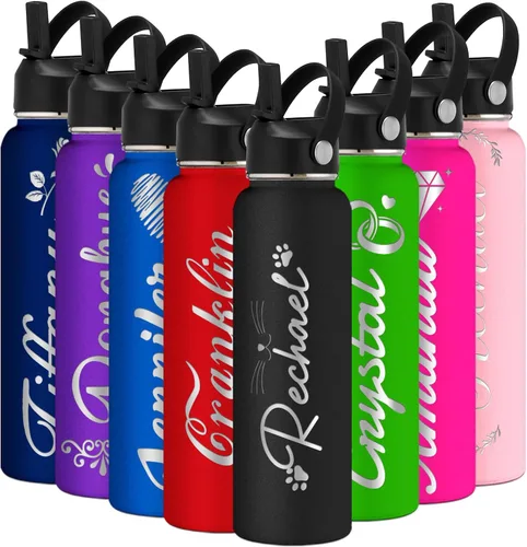 Vista 12 de Botella de agua grabada personalizada aislada con pajilla, botella de agua deportiva personalizada con nombre, botella de agua de acero inoxidable