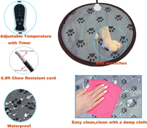 Vista 3 de Almohadilla térmica para mascotas para perros y gatos pequeños, cama eléctrica con temporizador, a prueba de mordidas, fácil de limpiar, redonda, 16