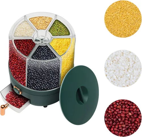 Vista 4 de Dispensador de arroz de 6 rejillas de 14 libras, dispensador de alimentos secos giratorio de 360°, dispensador de cereales de cocina, recipiente