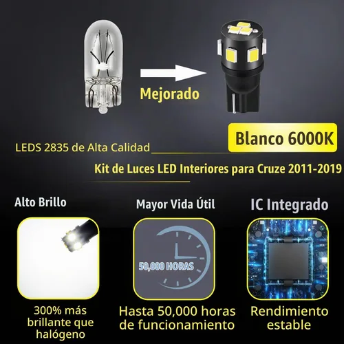 Vista 2 de Kit de 11 luces LED interiores Cruze para Chevrolet Chevy Cruze 2011 2012 2013 2014 2015 2016 2017 2018 2019 blanco 6000K paquete de iluminación LED