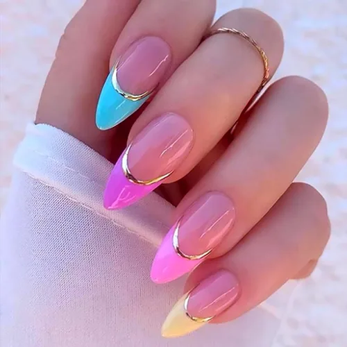 Vista 8 de Uñas postizas largas a presión de almendra, uñas postizas Aurora con punta francesa, 24 unidades, naturales, brillantes, cobertura completa