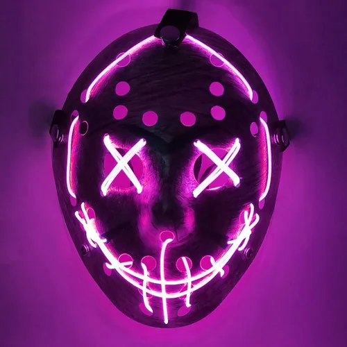 Vista 2 de Máscara de la Purga con luz LED Jason, máscara de miedo de Halloween para niños, adultos, hombres y mujeres, fiesta de festival de Halloween