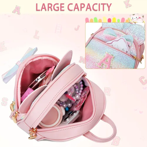 Vista 6 de KKXIU Mochilas Mini con Moño Inicial para Niñas y Mujeres, Linda Mochila Pequeña con Asa de Bolso, Regalos Personalizados para Niños, Arcoíris