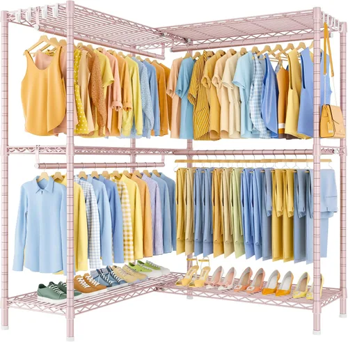 Vista 16 de ULIFHOME E15 - Perchero en forma de L para esquina, perchero independiente para colgar ropa, organizador de armario resistente con 4 varillas