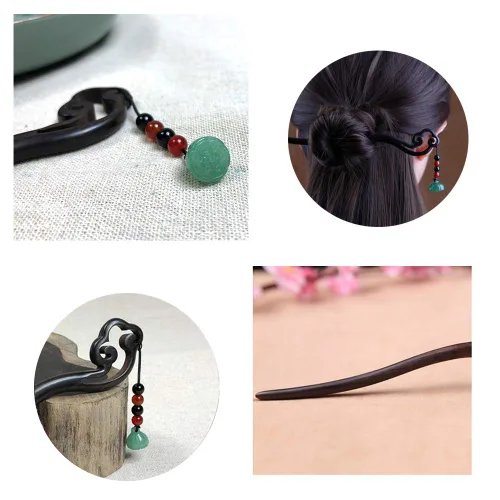 Vista 4 de Horquilla de madera de jade chino retro hecha a mano clásica verde loto palillos de pelo tocado borla palillos para el pelo largo fiesta diario