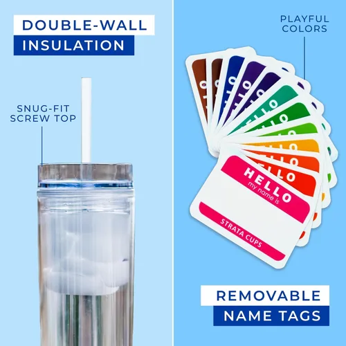 Vista 2 de STRATA CUPS 12 Vasos Transparentes Delgados con Tapas y Popotes Vaso Reutilizable de 16oz de Pared Doble Transparente con Tapa y Popote, Vasos