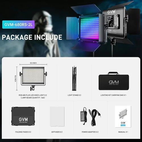 Vista 8 de GVM - Luz de video LED RGB con kits de iluminación, panel de luz LED 680RS 50W con control Bluetooth, 2 paquetes de iluminación de fotografía