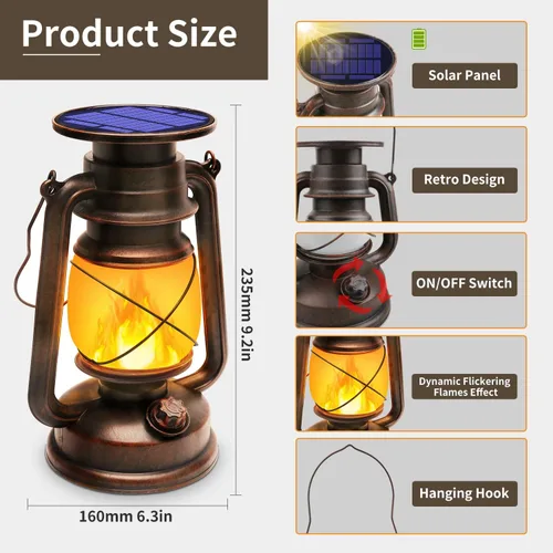 Vista 6 de Linterna Solar para Exterior Impermeable, Luces Solares LED Vintage con Llama Parpadeante, Lámparas de Camping, Linterna Rústica Colgante de Carga