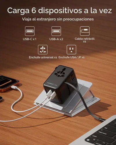 Vista 5 de MOMAX Adaptador de viaje universal de 70 W, adaptador de corriente internacional 6 en 1 con cable retráctil USB-C, adaptador de enchufe de CA dual