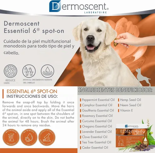 Vista 3 de Dermoscent Essential 6 spot-on - Cuidado de la piel para perros con caspa y alivio de alergias con aceite de vitamina E - Antipicazón para perros