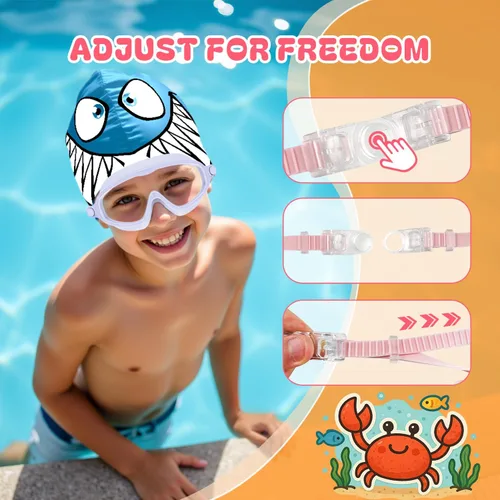 Vista 5 de Gafas de natación para niños de 3 a 8 años con gorro de natación, juego de gorras de natación con antivaho y anti-UV para niños y niñas pequeños