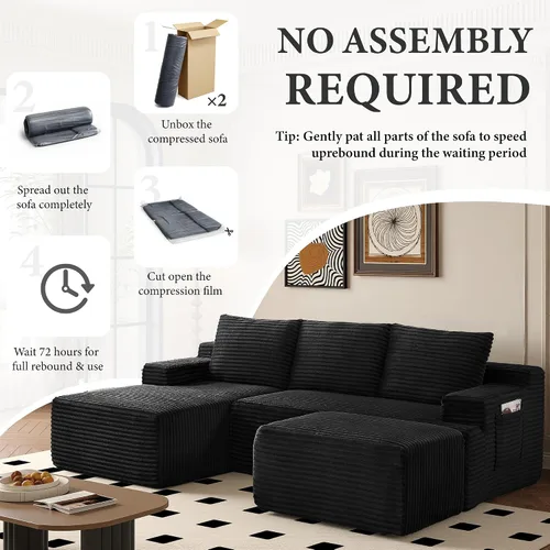 Vista 8 de Sofá modular moderno de 96 pulgadas para sala de estar, sofá modular tapizado sin hueso con bolsillos, cómodo sofá nube con diván en forma de L Negro