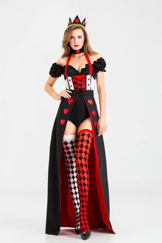 Vista 8 de Disfraz de reina para mujer, disfraz de Halloween del país de las maravillas, corazones rojos reales, carnaval, cosplay para adultos