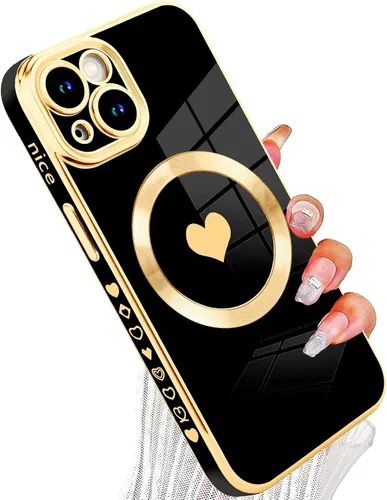 Vista 53 de tharlet Funda Magnética para iPhone 11 [Compatible con Magsafe] Lindo Corazón de Amor de Lujo Chapado Borde Dorado Parachoques con Lente de Cámara