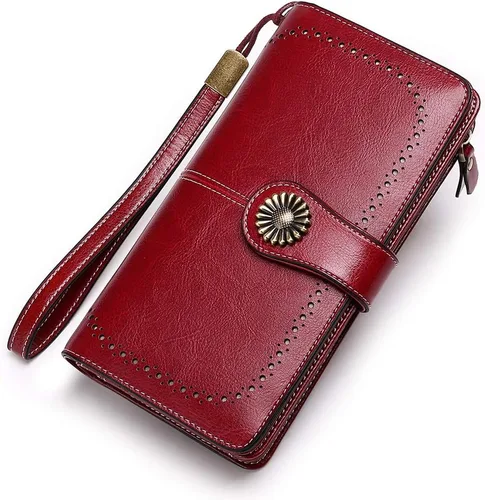 Vista 7 de SENDEFN - Cartera de cuero genuino para mujer con correa 24 ranuras para tarjetas 2 ventanas para identificación compartimentos para efectivo 1