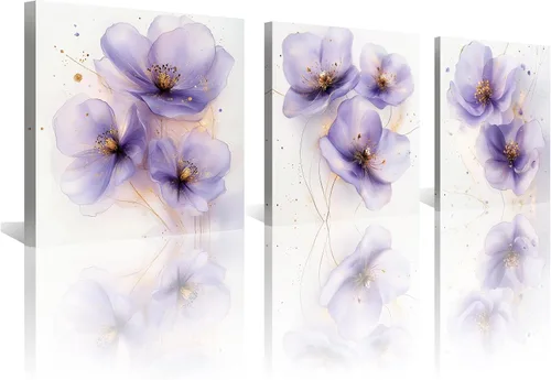 Vista 13 de NAN Wind 3 piezas de arte de pared de flores azules, impresión botánica moderna, ilustración floral floreciente, salpicaduras de acuarela y elegante