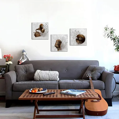 Vista 3 de Derkymo 3 piezas de lienzo de música vintage, arte de pared, grabación, fonógrafo, micrófono, pintura, impresiones de notas musicales voladoras