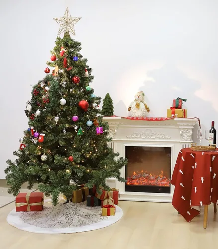 Vista 6 de Lewondr Falda de árbol de Navidad de 48 pulgadas, copos de nieve de lentejuelas doradas de felpa blanca para decoración de árbol de Navidad, beige