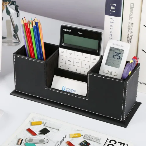 Vista 6 de KINGFOM Organizador de escritorio para suministros de oficina, caja de almacenamiento de piel sintética, 4 compartimentos divididos para bolígrafos