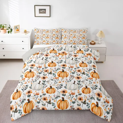 Vista 17 de Erosebridal Juego de edredón individual de pavo de Acción de Gracias, juego de ropa de cama de calabaza con hojas de otoño para niños y adultos