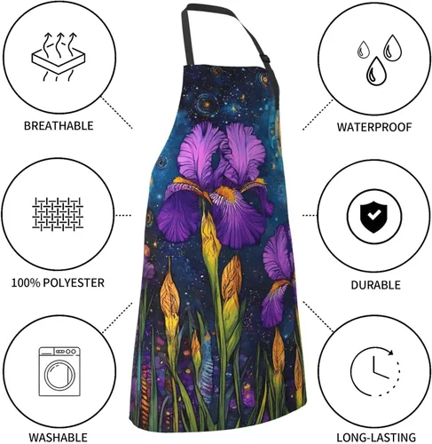 Vista 7 de Delantal de cocina con estampado de lirios morados, ajustable, impermeable, con bolsillos, unisex