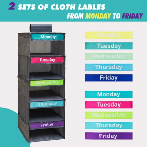 Vista 5 de Organizador semanal de ropa de 5 estantes para niños, estante diario para niños, organizador de armario colgante con 6 bolsillos laterales, estantes