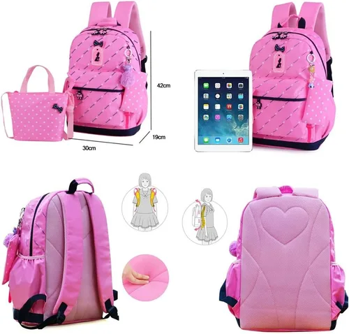 Vista 2 de VIDOSCLA - Juego de 3 piezas con mochila escolar básica para el hombro, lonchera y lapicera, con estampado de corazón y moños, para chicas