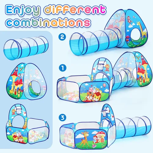 Vista 7 de Tienda de campaña de juego para niños de 3 piezas con túnel de juego y foso de pelotas, tienda de campaña para niños pequeños para niñas y niños