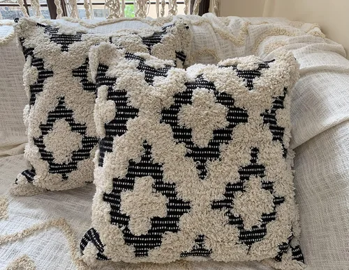 Vista 4 de Juego de 2 fundas de almohada bohemias para sofá, 18 x 18 y 20 x 20 pulgadas, de algodón, tejidas a mano, copetudas, fundas de almohada decorativas