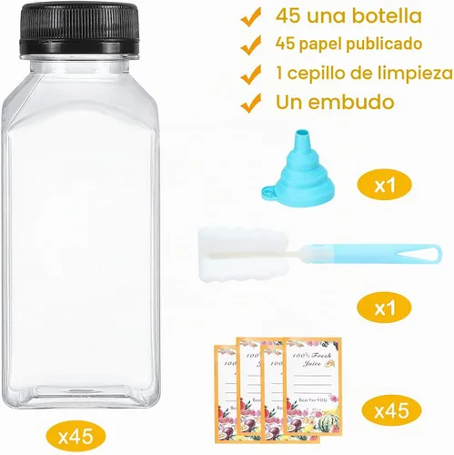 Vista 2 de Dabacc Botellas de jugo, 45 piezas de 8 onzas de botellas de plástico con tapas herméticas reutilizables, contenedores de agua transparentes vacíos