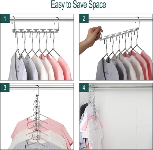 Vista 5 de Meetu - Perchas de ahorro de espacio multi funcionales para ropa de acero inoxidable, 6 x 2 ranuras para colgar en cascada, gancho actualizado