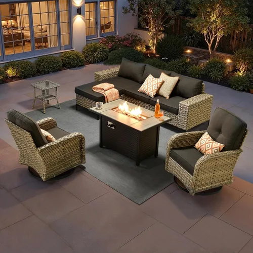 Vista 10 de HOOOWOOO Juego de muebles de patio de 5 piezas, sofá modular en forma de L para exteriores con mesa solar, mimbre PE para todo tipo de clima, sofá