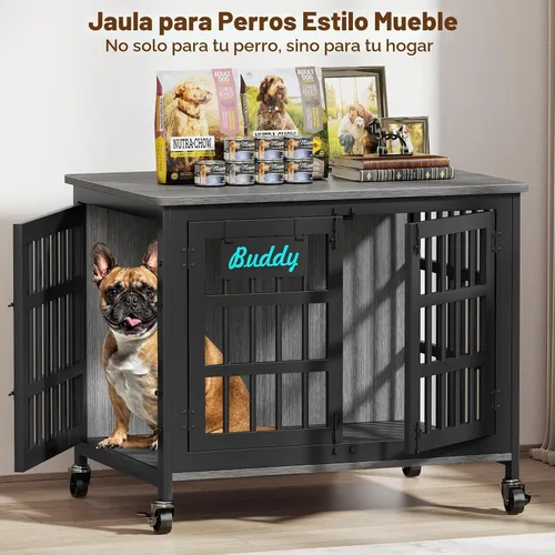 Vista 7 de EasyCom 33"/27" Mueble de jaula para perros con etiqueta de nombre, perrera para perros de uso interior resistente para perros medianos y pequeños