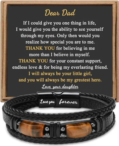 Vista 16 de Regalos únicos para hombres, pulsera de cuero para hombres, papá, novio, hijo, nieto, hermano, te amo para siempre, piedra ojo de tigre, día