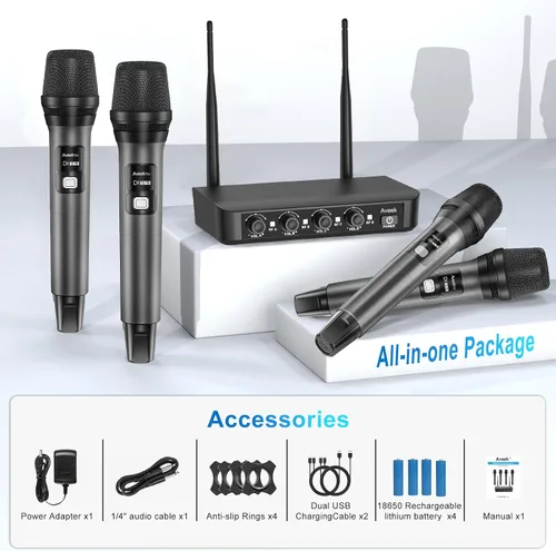 Vista 9 de Aveek Sistema de micrófono inalámbrico con paquete de 4 micrófonos dinámicos de mano, alcance de 262 pies, batería de 40 horas, sonido de estudio
