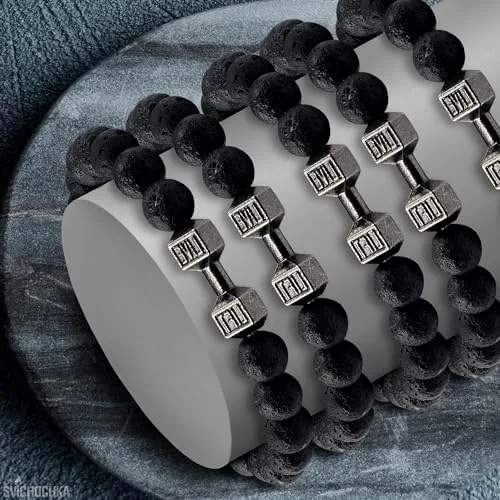 Vista 9 de Lava Beads Gym Bracelets for Men - 8mm Lava Rock Bracelet Natural Stone, Men Stretch Bracelet Bead Bracelet for Women- Alloy Dumbbell Bracelet