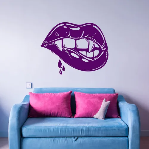 Vista 3 de Vinilo adhesivo para pared, diseño de labios sexys, colmillos de vampiro, niña, fantasía, Halloween, decoración grande (859ig) negro mate