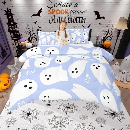 Vista 20 de Castle Fairy Happy Halloween - Juego de edredón para niños, tamaño Queen, juego de ropa de cama con diseño de fantasmas de dibujos animados rosa
