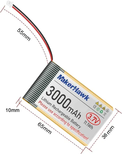 Vista 7 de MakerHawk Batería LiPo de 3.7 V 3000 mAh recargable de polímero de litio 1S con placa de protección con cinta de goma aislada, enchufe micro JST