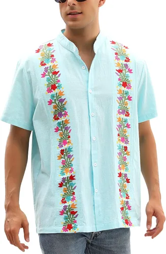 Vista 19 de Camisas mexicanas para hombre, camisas de vestir tradicionales de guayabera para hombre, con botones, cuello de banda, camisa de vestir para fiesta