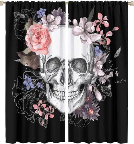 Vista 13 de Cortinas de cabeza de calavera, calavera blanca y rosas rojas con ramas y hojas negras, cortinas opacas decorativas para sala de estar, dormitorio