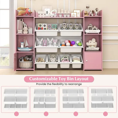 Vista 8 de HONEY JOY Organizador de almacenamiento de juguetes para niños, armario de almacenamiento de piso de madera con 8 contenedores extraíbles, estante