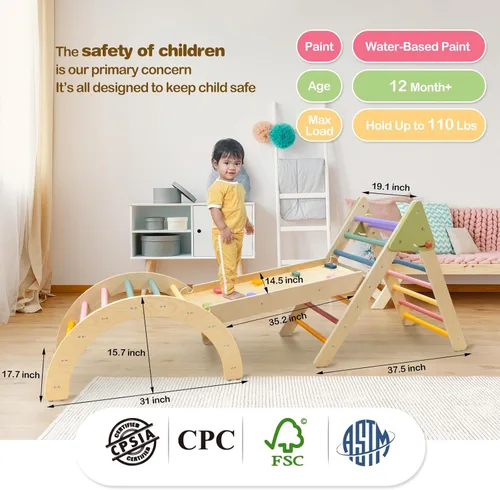 Vista 6 de LOL-FUN Pikler - Juego de triángulos con tobogán para niños pequeños de 1 a 3 años, juguetes de escalada Montessori para niños de 1 año, juego
