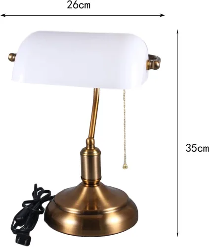 Vista 2 de Lámpara de escritorio de estilo retro, lámpara de escritorio con base de latón, pantalla de vidrio verde y blanco, lámpara de escritorio para sala