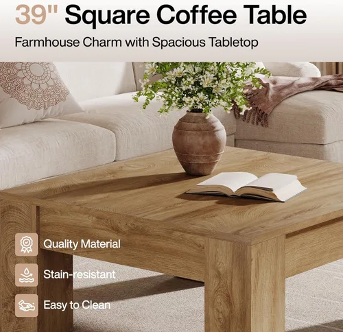 Vista 6 de Tribesigns Mesa auxiliar cuadrada de madera de 39 pulgadas con patas resistentes, mesa central rústica para sala de estar, fácil montaje, marrón